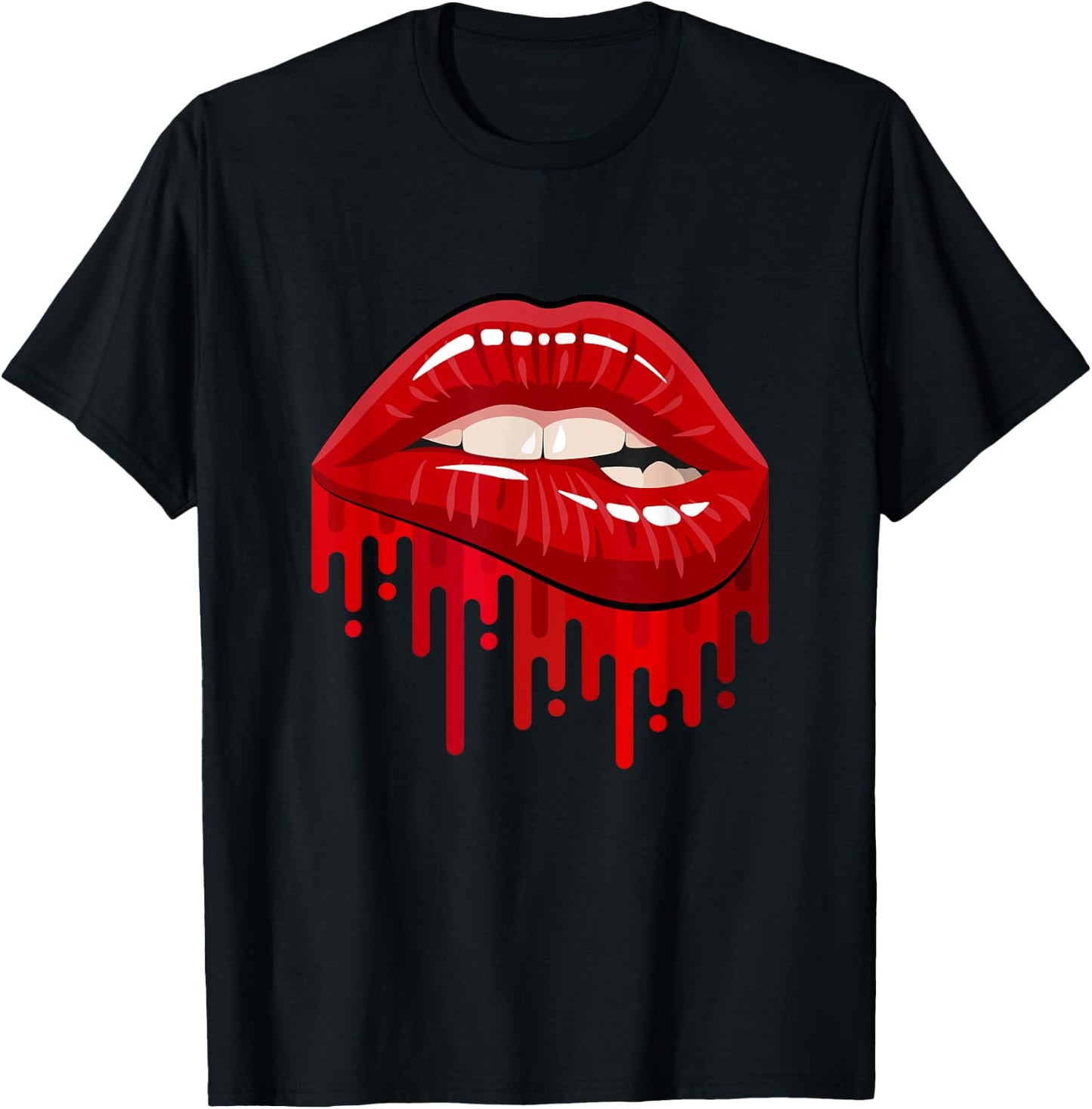 Cool Men's Women's Bold Red Biting Lips Graphic Short Sleeve T-Shirt - T-Shirt | Black