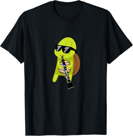 Funny Turtle Wearing Sunglasses Playing Clarinet T-Shirt - T-Shirt | Black
