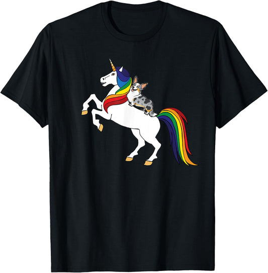 Funny Kawaii Kids Unicorn Cardigan Blue Merle Corgi Lover T-Shirt - T-Shirt | Black