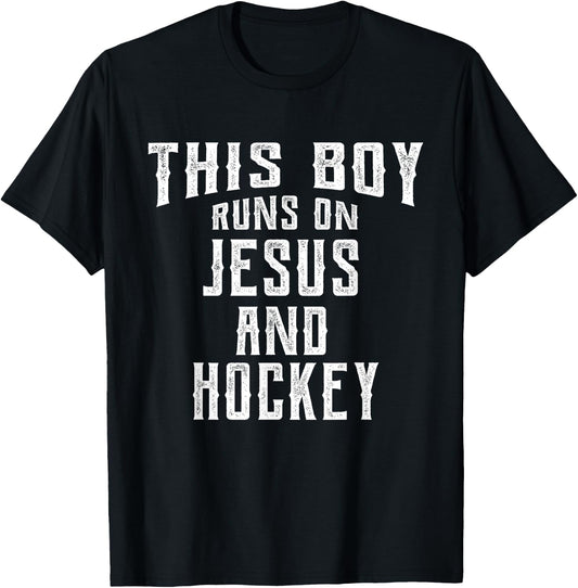 This Boy Runs On Jesus And Hockey Christian Gift T-Shirt - T-Shirt | Black
