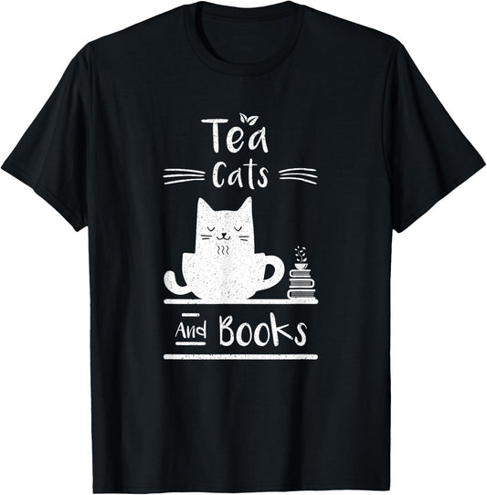 Tea Cats And Books T-Shirt - T-Shirt | Black