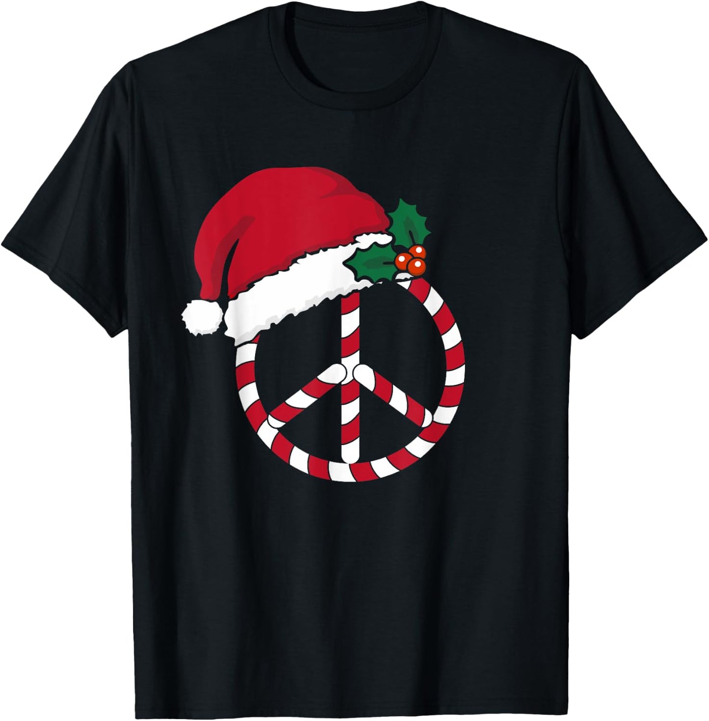 Candy Cane Peace Sign Merry Christmas Symbol Santa Hat Cute T-Shirt - T-Shirt | Black