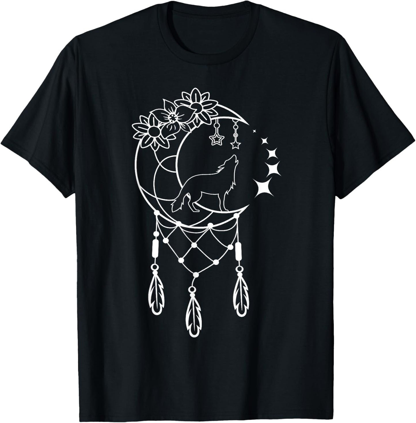 Boho Dream Catcher Wolf with Crescent Moon and Stars T-Shirt - T-Shirt | Black