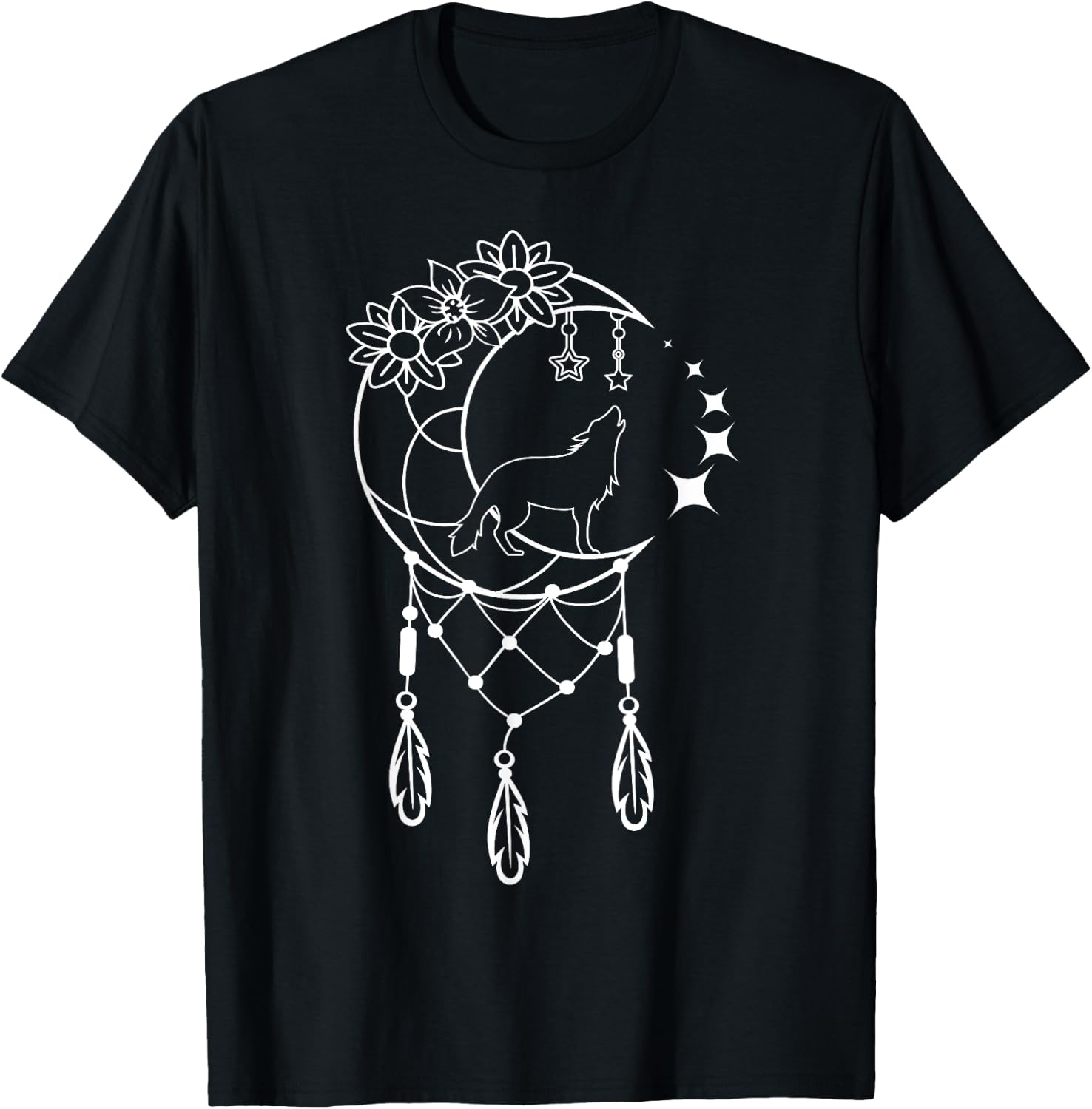 Boho Dream Catcher Wolf with Crescent Moon and Stars T-Shirt - T-Shirt | Black