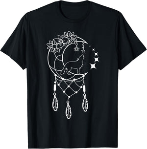 Boho Dream Catcher Wolf with Crescent Moon and Stars T-Shirt - T-Shirt | Black