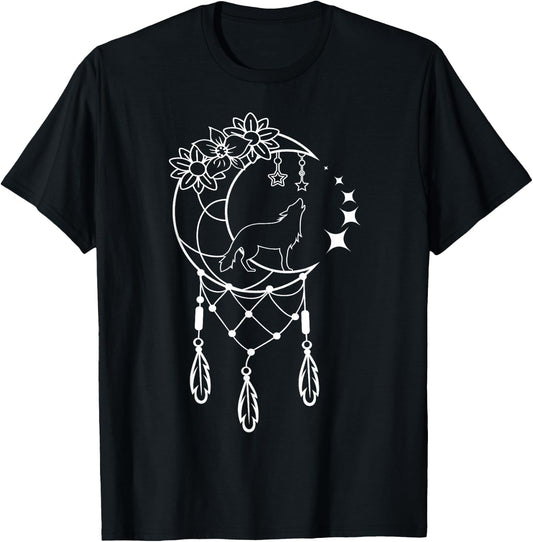 Boho Dream Catcher Wolf with Crescent Moon and Stars T-Shirt - T-Shirt | Black