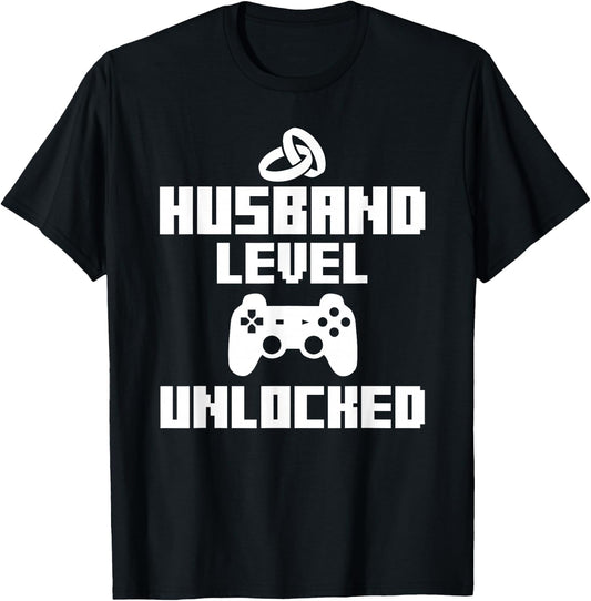 Gamer Husband Funny Wedding Gift Level Unlocked T-Shirt - T-Shirt | Black
