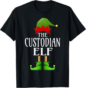 Custodian Elf Xmas Funny Family Matching Group Christmas T-Shirt - T-Shirt | Black
