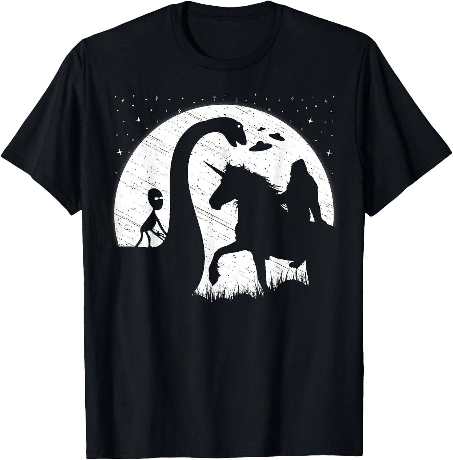 Funny Alien Riding Loch Ness Monster Nessie Bigfoot Unicorn T-Shirt - T-Shirt | Black