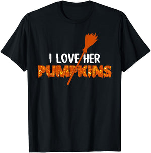 I Love Her Pumpkins I Love His Broomstick Halloween Couples T-Shirt - T-Shirt | Black