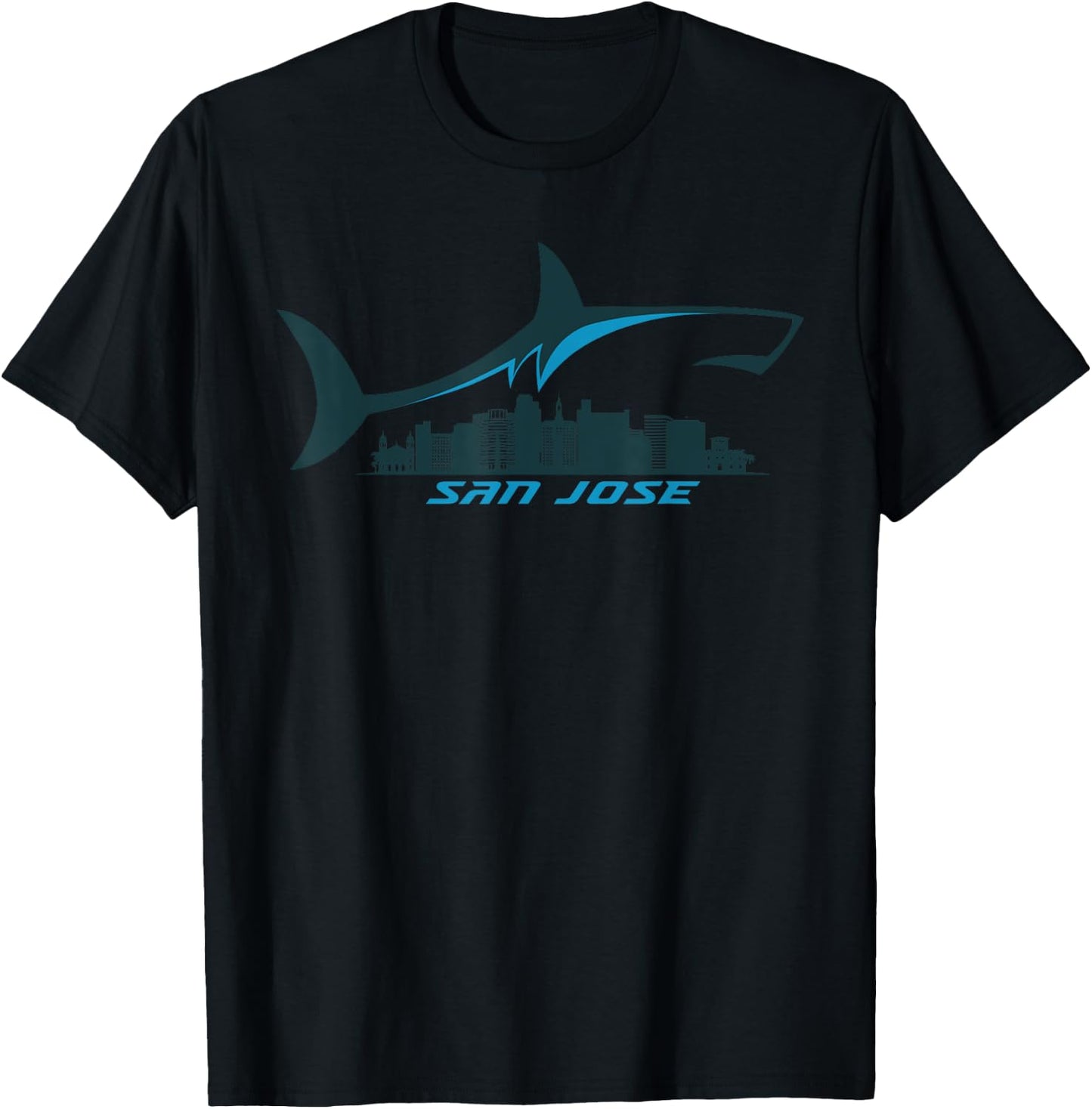 San Jose City Skyline With Shark Above Shark City SJ T-Shirt - T-Shirt | Black