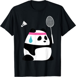 Exhausted Badminton Panda - Funny Cute Shuttlecock Animal T-Shirt - T-Shirt | Black