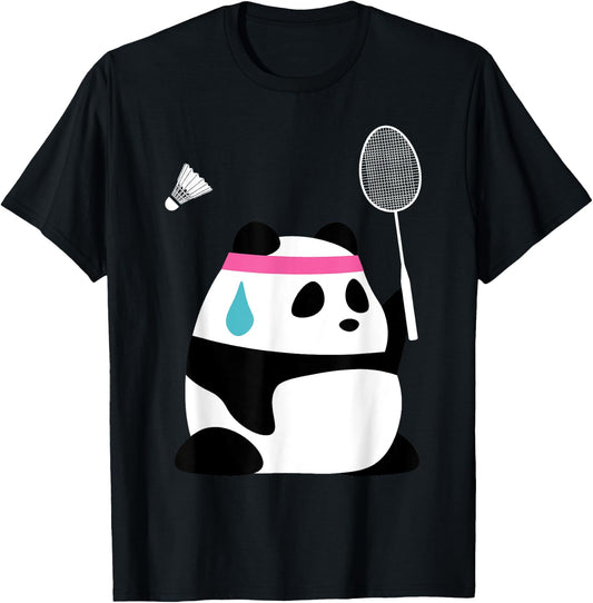 Exhausted Badminton Panda - Funny Cute Shuttlecock Animal T-Shirt - T-Shirt | Black