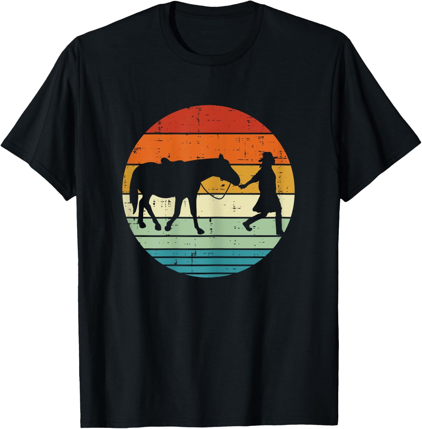 Horse And Girl Silhouette Sunset Retro Cowgirl Equestrian T-Shirt - T-Shirt | Black
