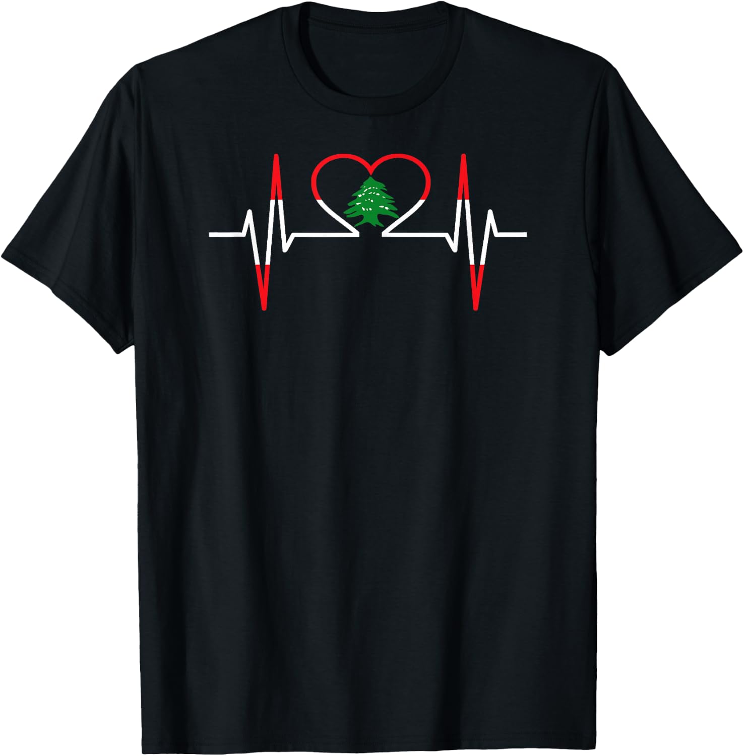 Heartbeat ECG Lebanon, Lebanese Country Flag Color T-Shirt - T-Shirt | Black