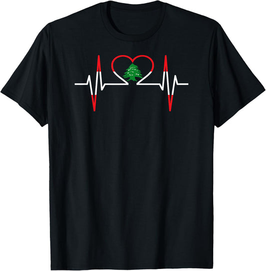 Heartbeat ECG Lebanon, Lebanese Country Flag Color T-Shirt - T-Shirt | Black