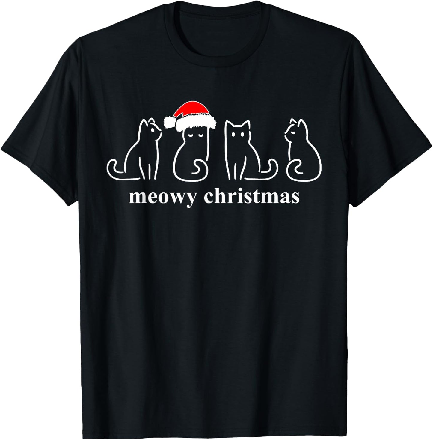Meowy Catmas Cat Christmas Cute Kitten Cats Santa Hat Xmas T-Shirt - T-Shirt | Black