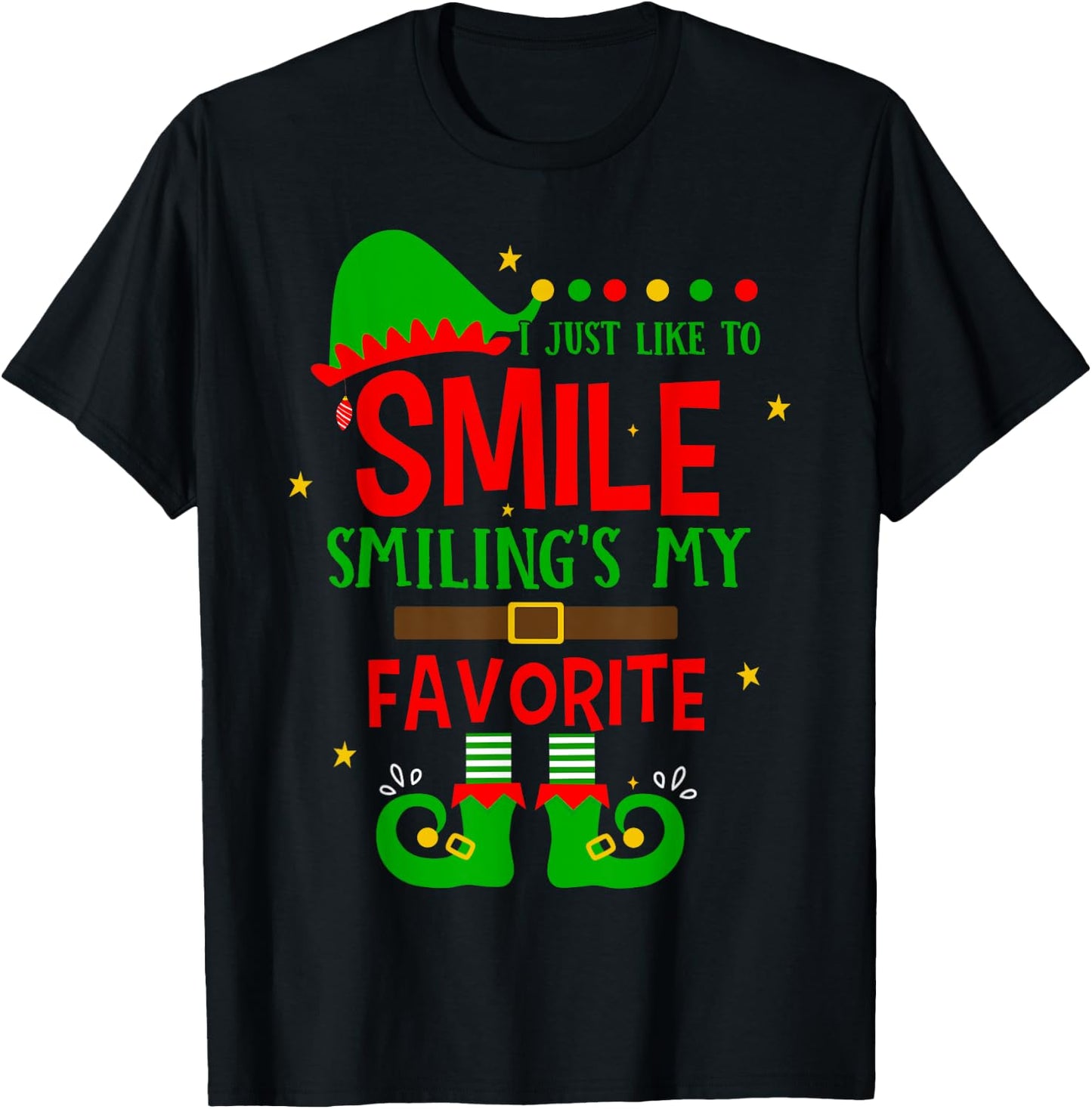 Smiling Is My Favorite Cute Christmas Elf Matching Family T-Shirt - T-Shirt | Black