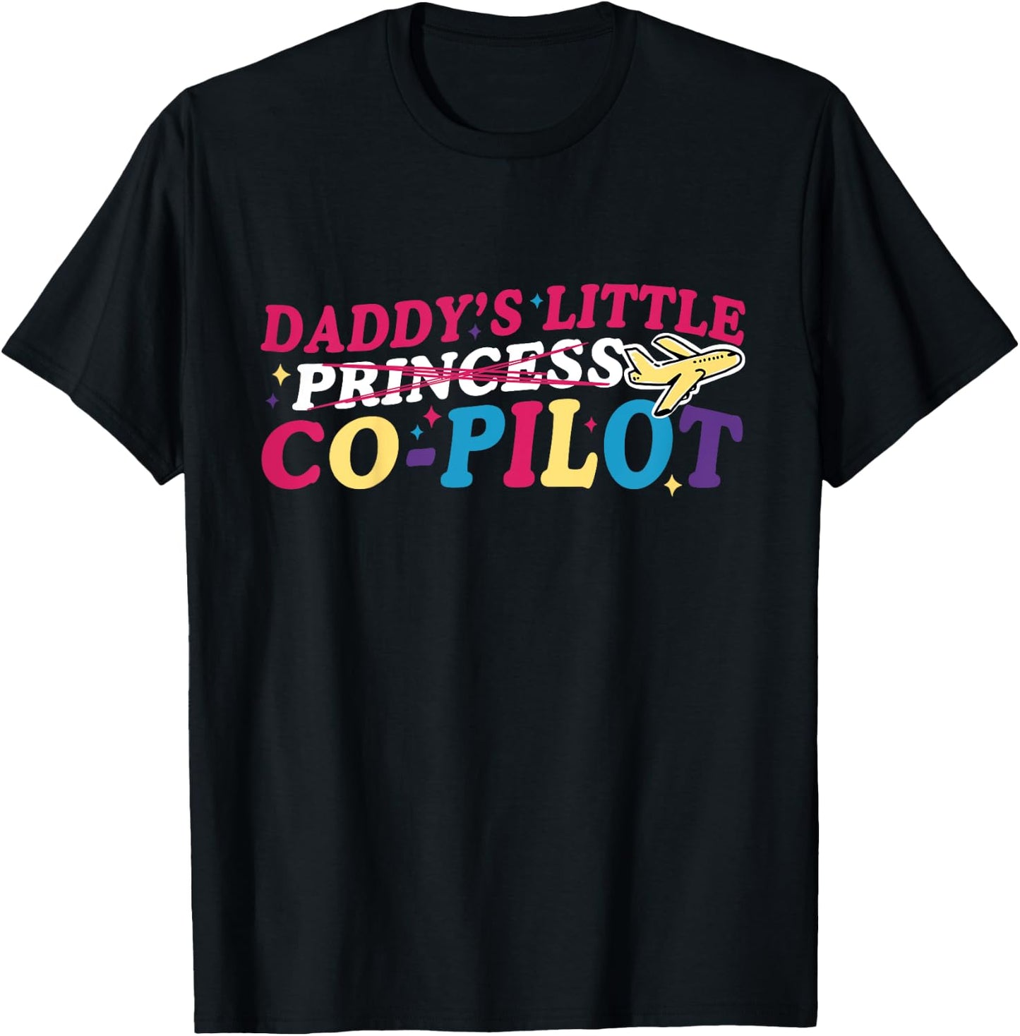 Daddy's Little Co-Pilot Girls Retro Groovy Airplane T-Shirt - T-Shirt | Black