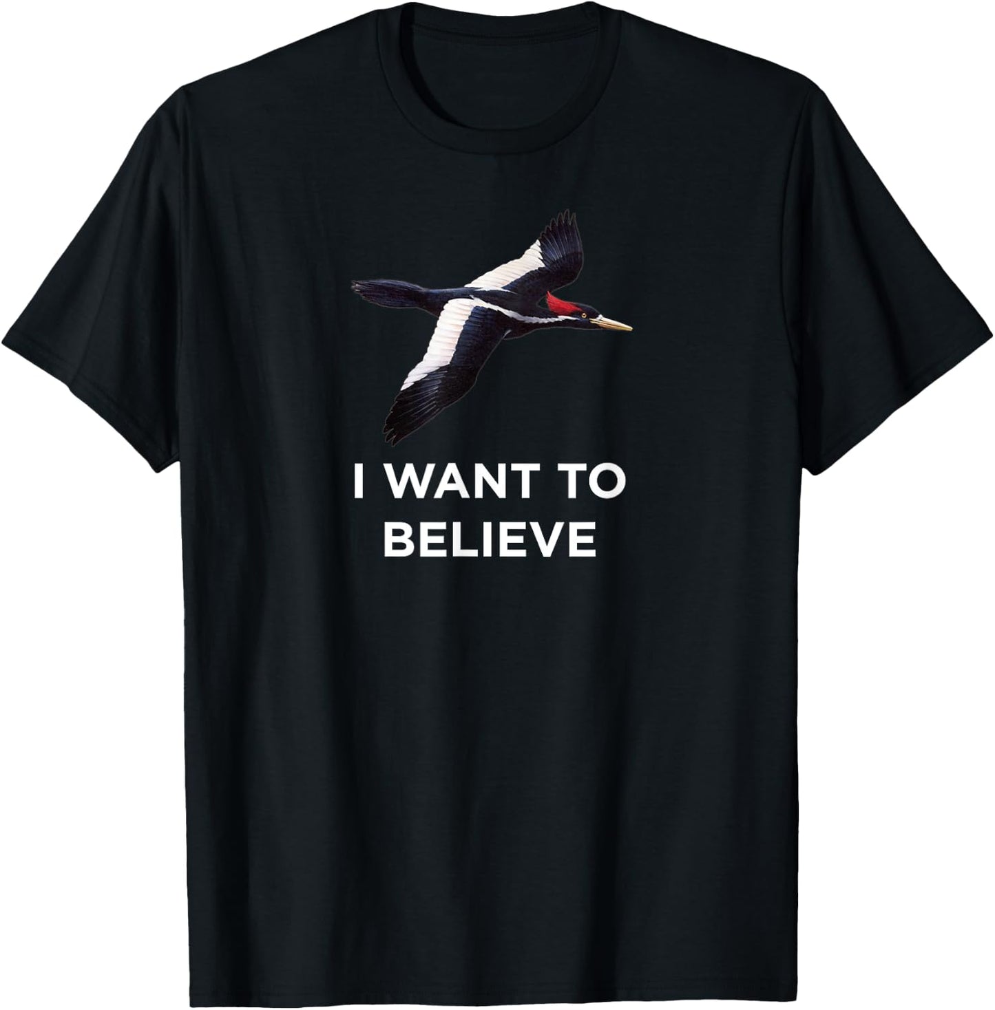 Bird Nerd Wear Ivory Calculated Woodpecker I Want To Believe T-Shirt - T-Shirt | Black
