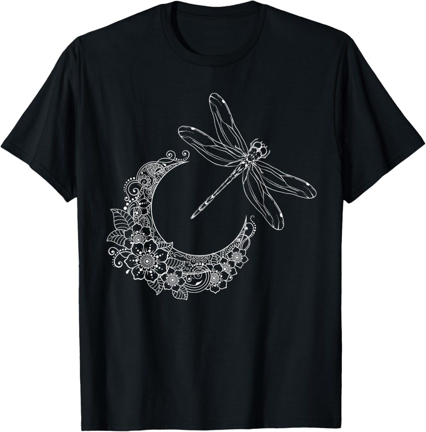 Floral Moon Nature Insect Animal Gift Night Dragonfly T-Shirt - T-Shirt | Black