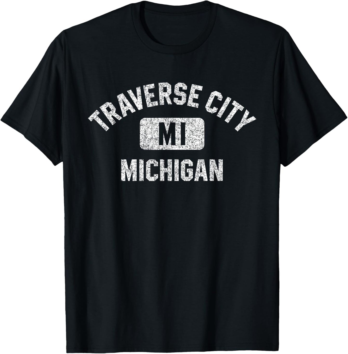 Traverse City Michigan Gym Style Distressed White Print T-Shirt - T-Shirt | Black