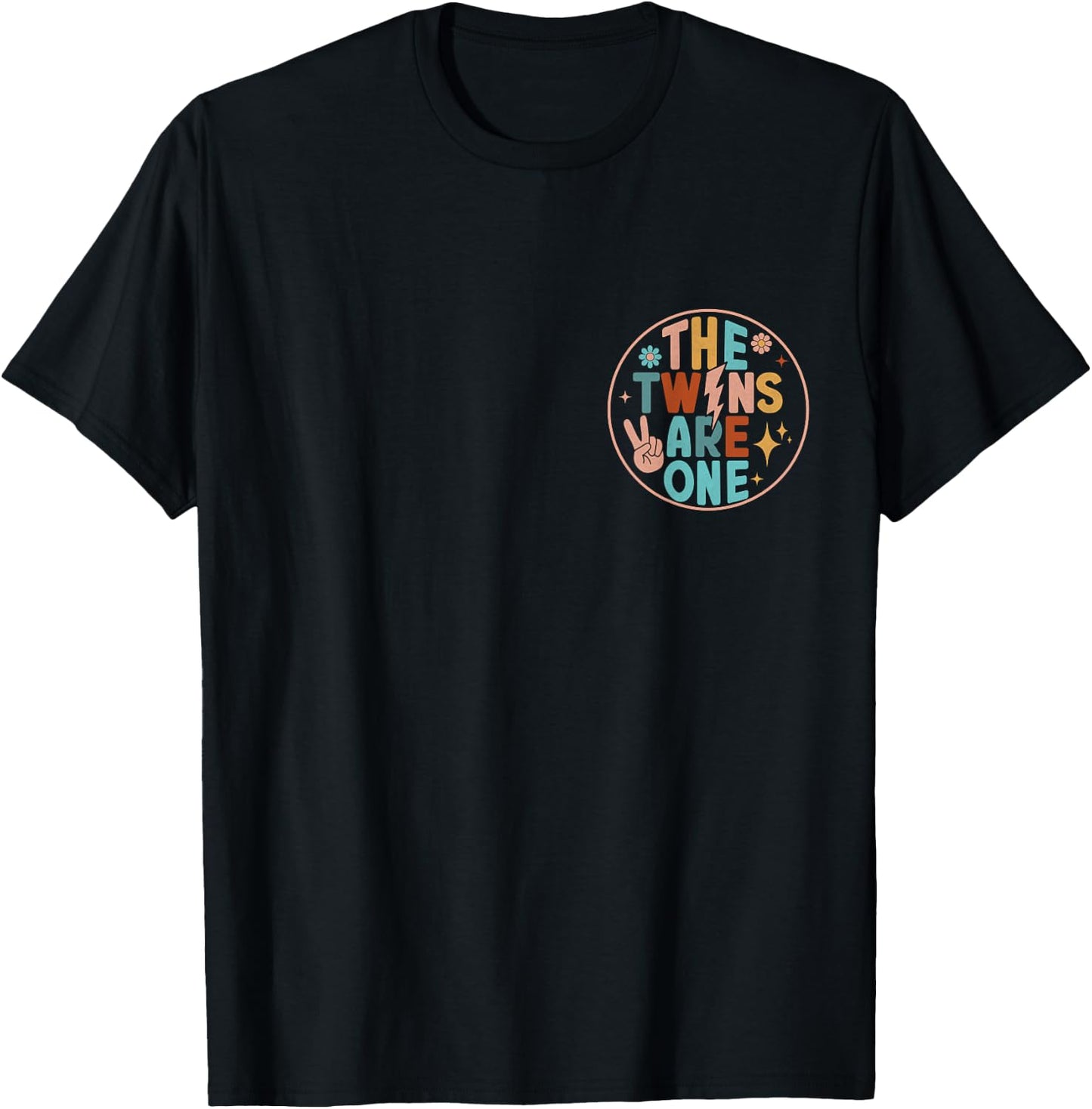 (2 SIDED) Twins 1st Birthday Party Groovy 1 Year Old Twin T-Shirt - T-Shirt | Black