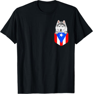 Puerto Rico Flag Siberian Husky Dog In Pocket Women Kids T-Shirt - T-Shirt | Black