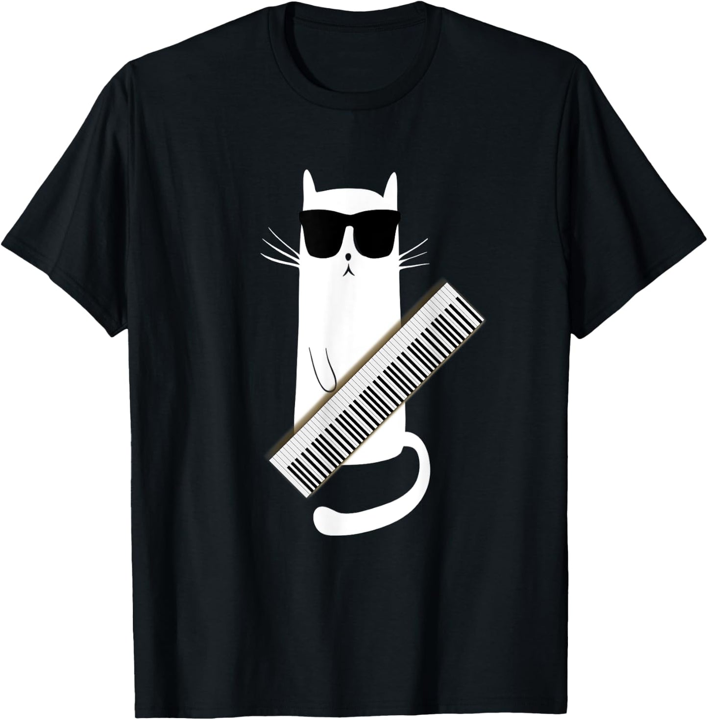 Cat Wearing Sunglasses Playing Keytar- Guitar Keyboard Shirt T-Shirt - T-Shirt | Black