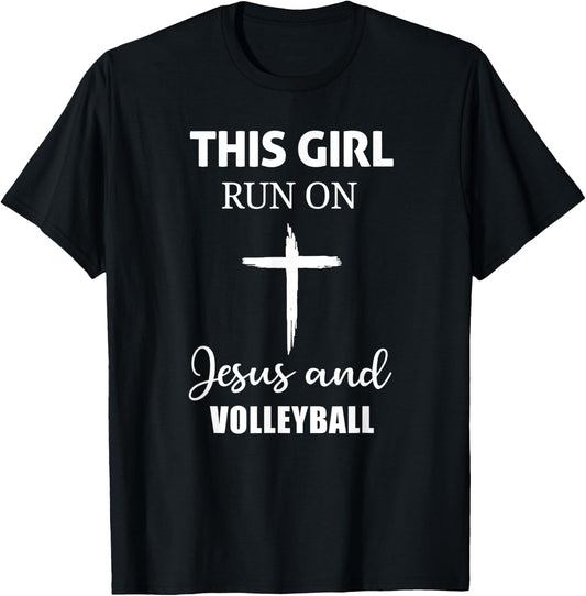 This Girl Runs On Jesus and Volleyball - Christian Cross T-Shirt - T-Shirt | Black