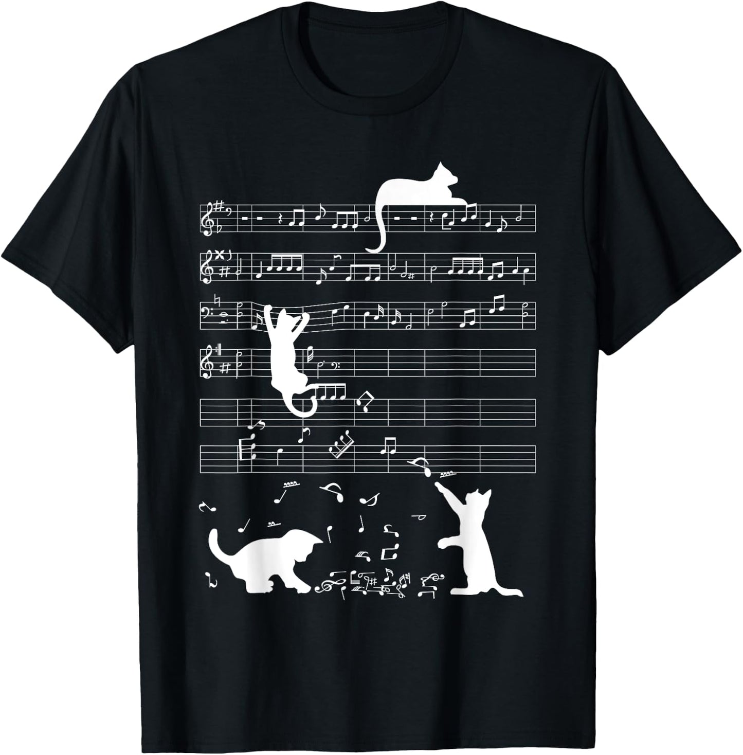 Cute Cat Kitty Playing Music Clef Piano Musician Art T-Shirt - T-Shirt | Black