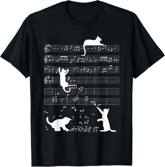 Cute Cat Kitty Playing Music Clef Piano Musician Art T-Shirt - T-Shirt | Black