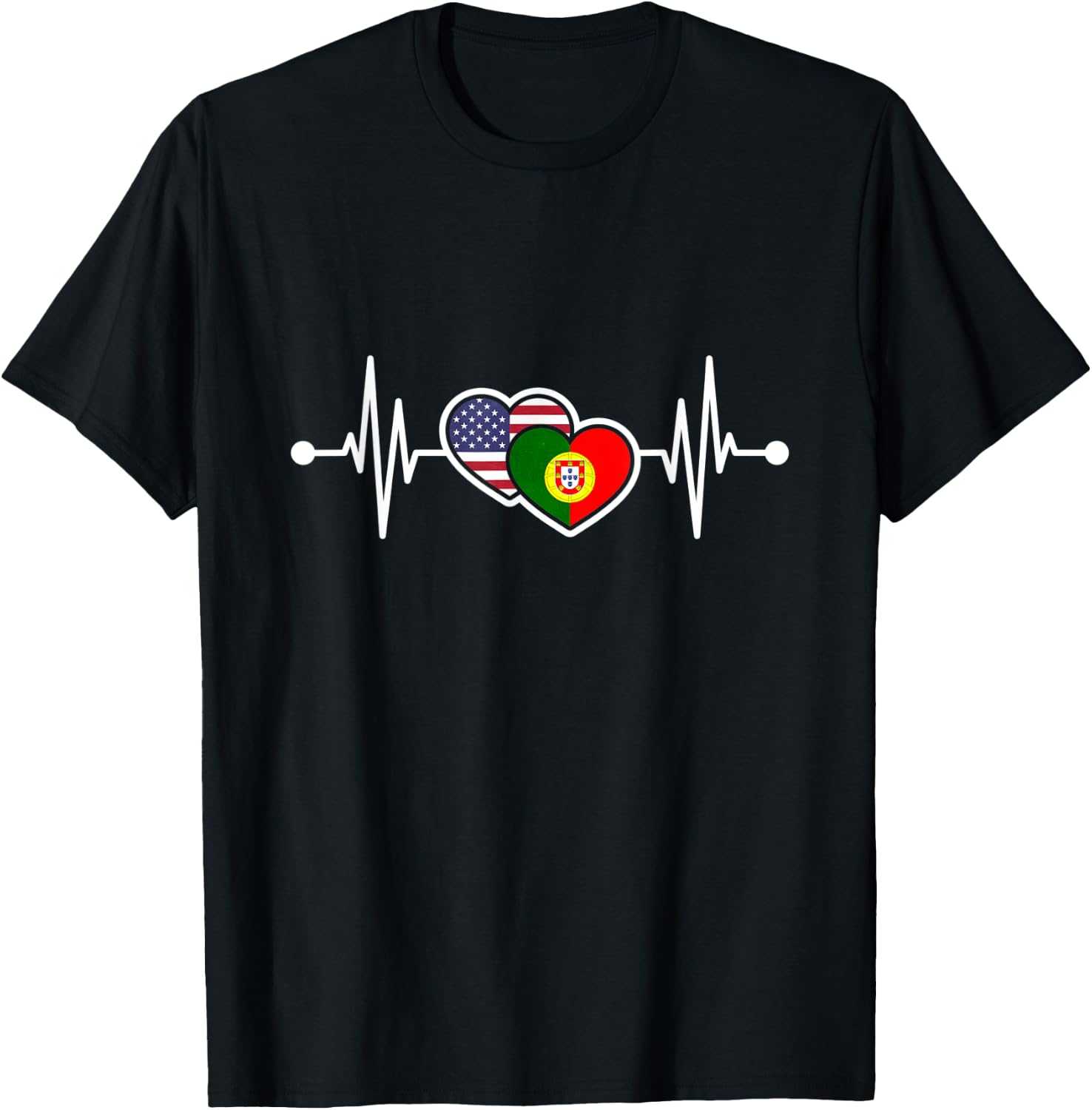 USA Heart Portugal Heartbeat Flag T-Shirt - T-Shirt | Black