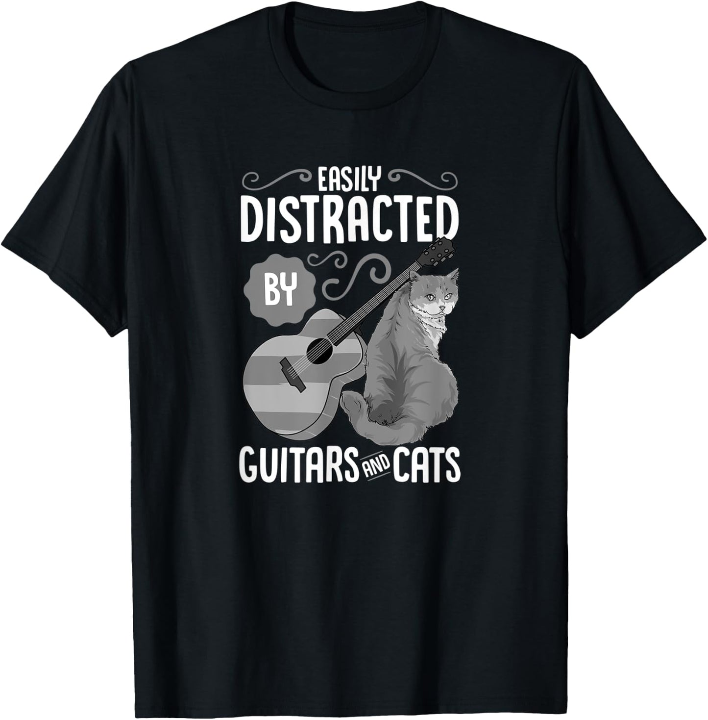 Easily Distracted by Guitars and Cats - Cat & Guitar Lover T-Shirt - T-Shirt | Black