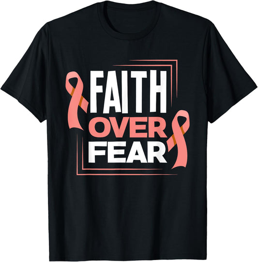 Faith Fear Peach Ribbon Endometrial Cancer Awareness T-Shirt - T-Shirt | Black