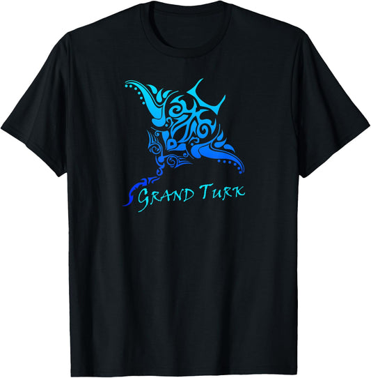 Grand Turk, Turks & Caicos Vintage Tribal Manta Ray Vacation T-Shirt - T-Shirt | Black
