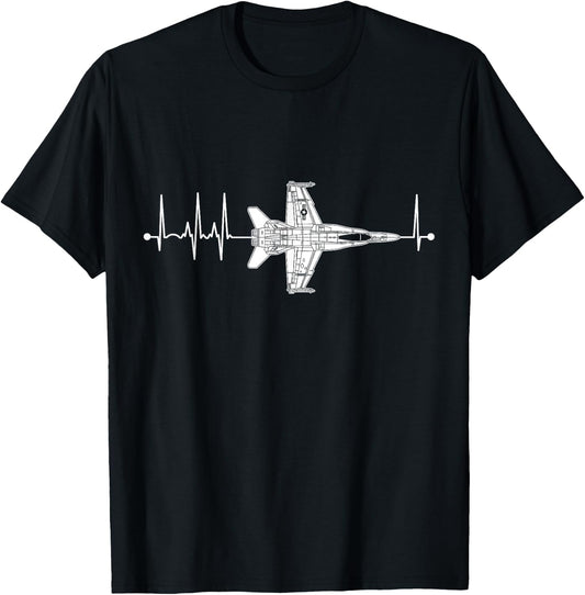 F18 Hornet Schematic Airplane Pulse EKG Pilot Heartbeat T-Shirt - T-Shirt | Black