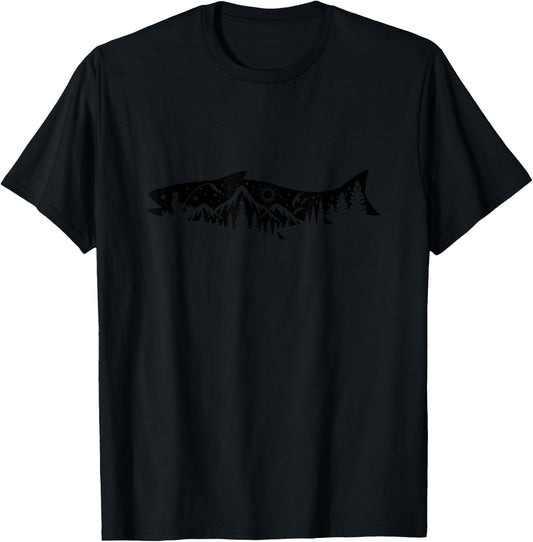 Fishing Forest Mountain Silhouette Outdoor Adventure Fishing T-Shirt - T-Shirt | Black