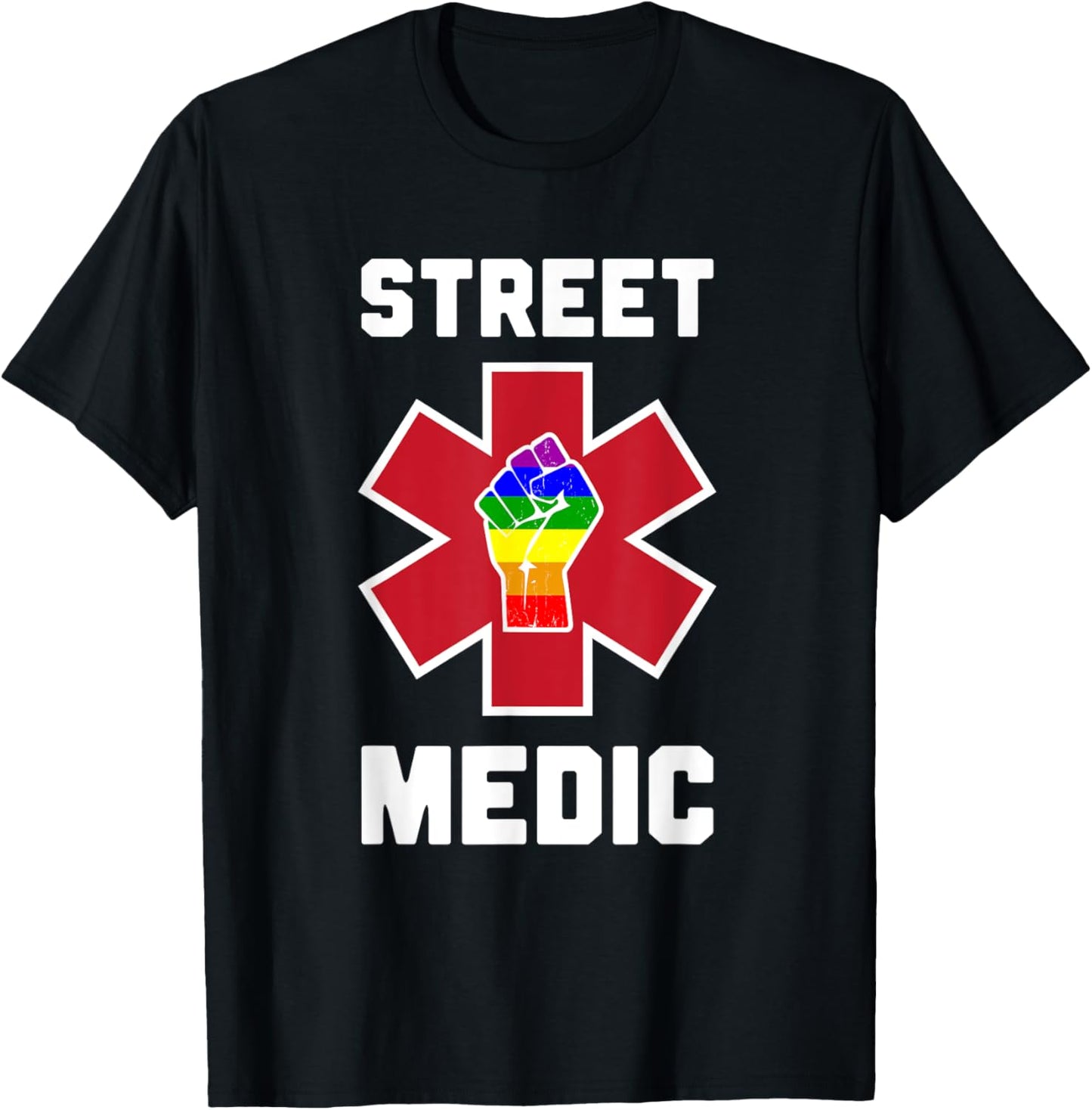 Street Medic Pride Rainbow Resist Fist Star of Life Protest T-Shirt - T-Shirt | Black
