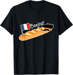 Bonjour Baguette French Bread France Lover Francophile T-Shirt - T-Shirt | Black