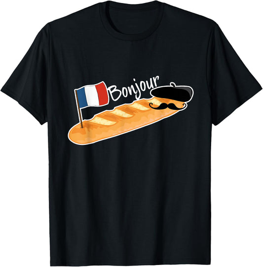 Bonjour Baguette French Bread France Lover Francophile T-Shirt - T-Shirt | Black