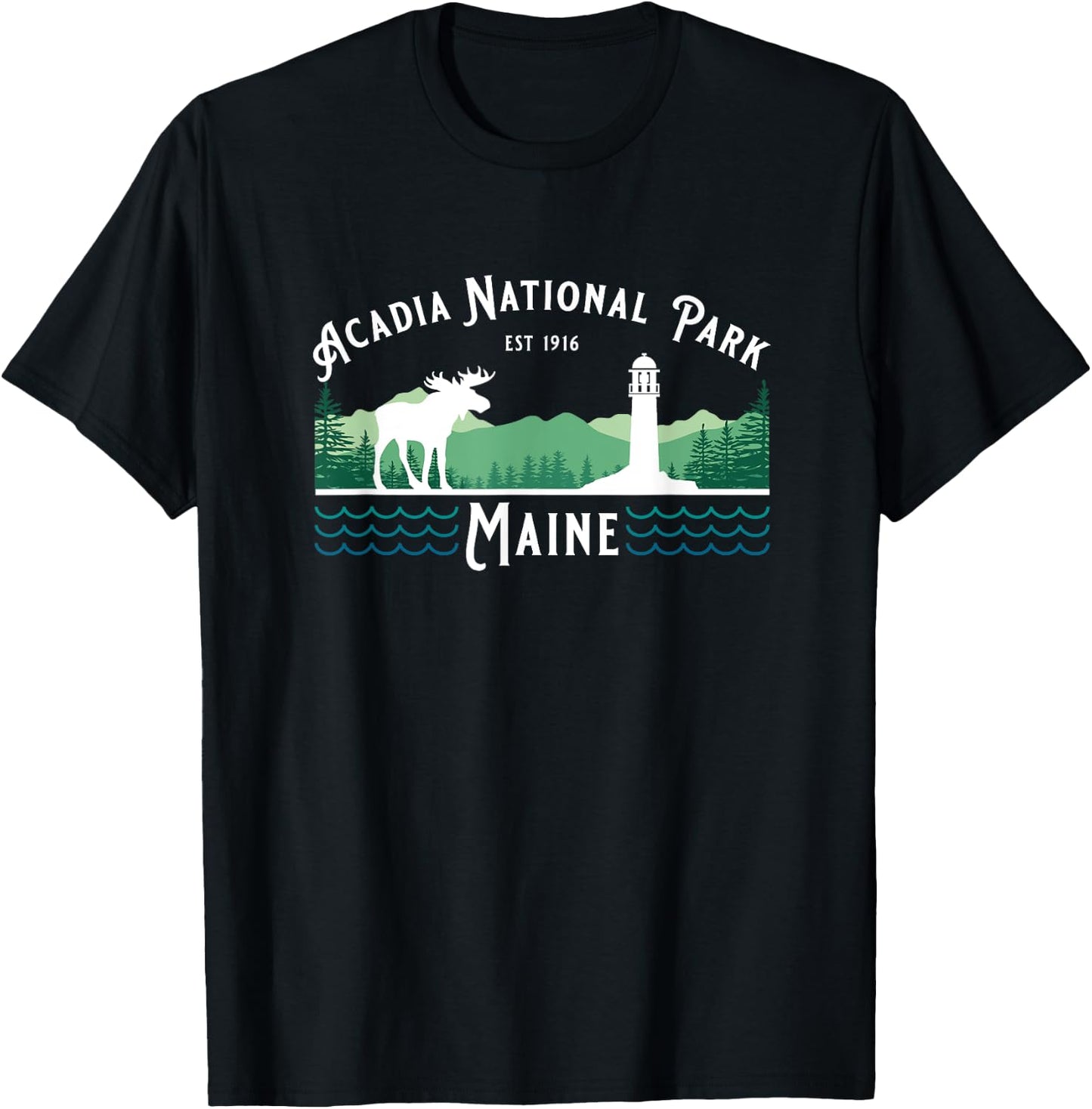 Acadia National Park Maine USA Lighthouse Moose Fishing T-Shirt - T-Shirt | Black