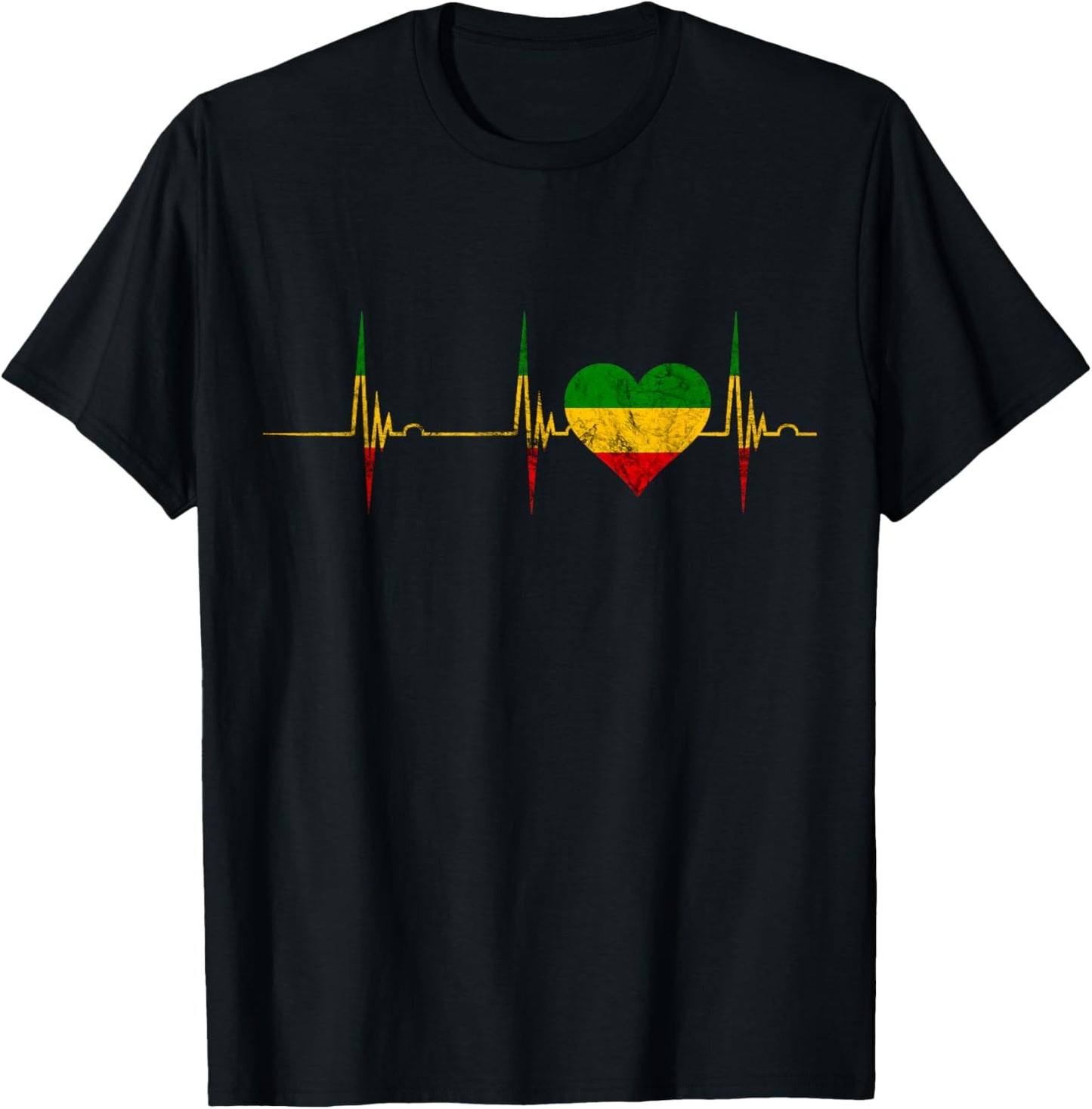Rasta Reggae Heartbeat ECG Pulse Jamaica Rastafari Heart T-Shirt - T-Shirt | Black