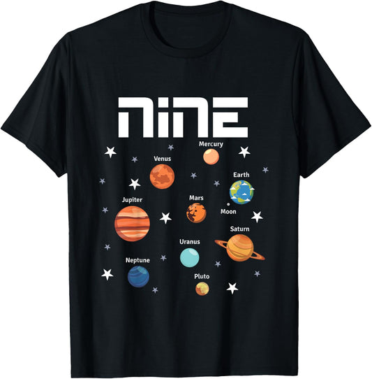 9 Year Old Outer Space Birthday Shirt Solar Planets 9th Gift T-Shirt - T-Shirt | Black
