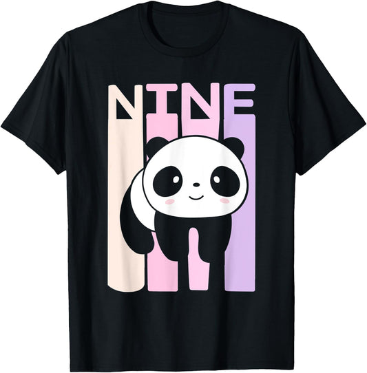 Kids 9 Year Old Cute Panda Bear Birthday Decoration Party T-Shirt - T-Shirt | Black