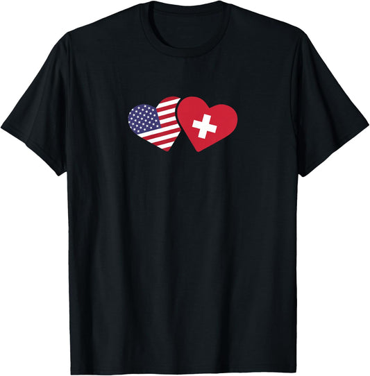 Switzerland USA Flag T Shirt Heart Swiss American Love T-Shirt - T-Shirt | Black