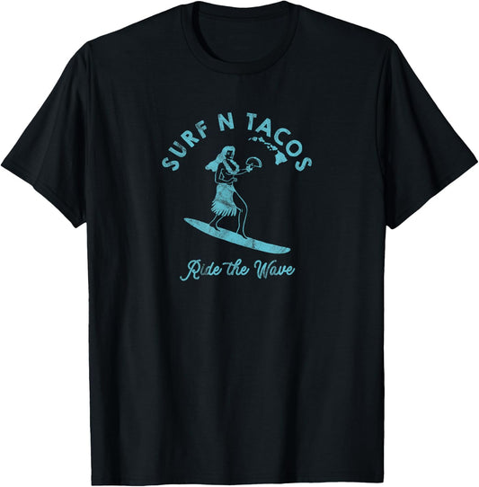 Hawaii Surf N Taco Surfer Hula Girl Vintage Style T-Shirt - T-Shirt | Black