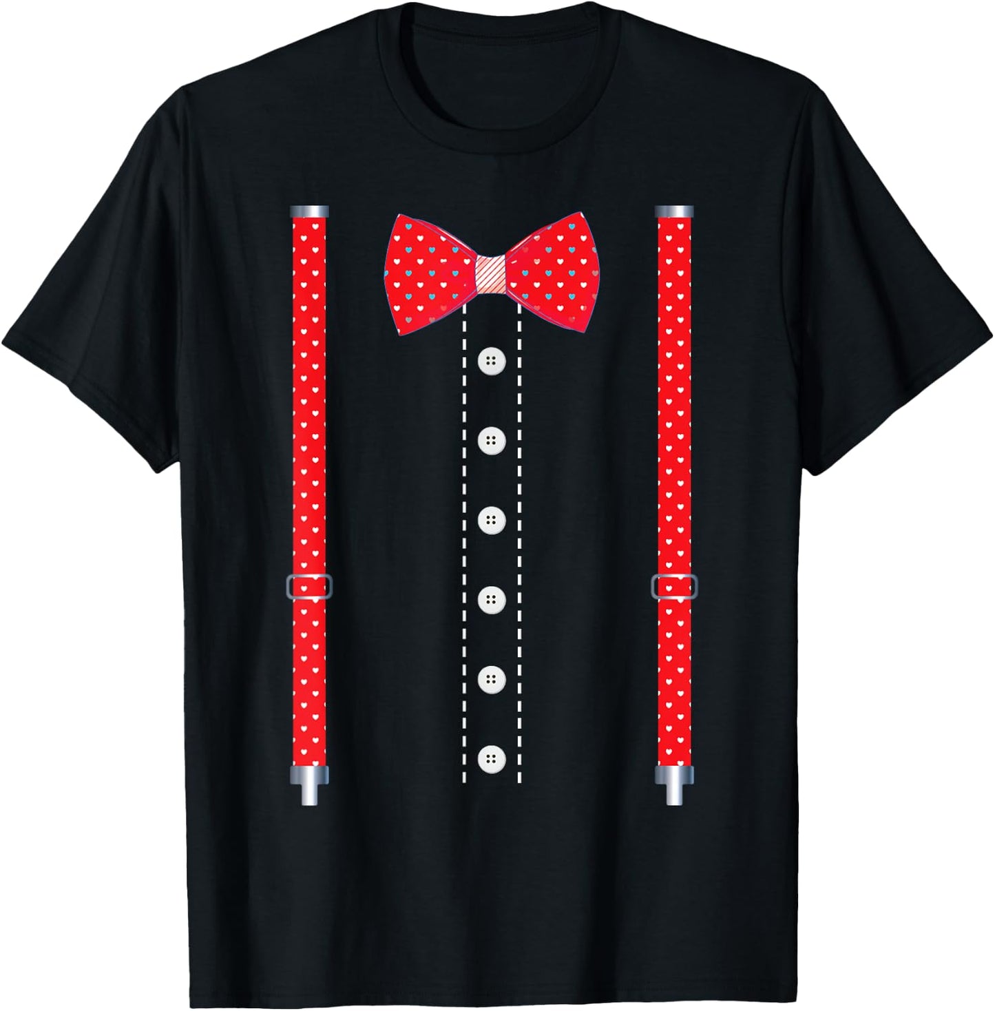 Red Hearts Bow Tie Suspenders Valentines Day Costume T-Shirt - T-Shirt | Black