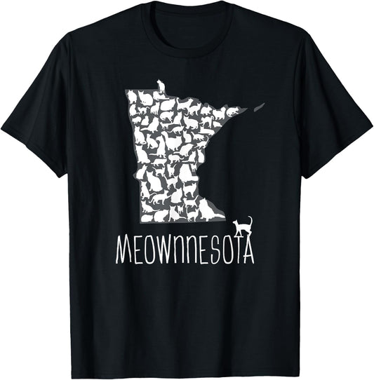 Proud Minnesota Cat Owner Cute Meownnesota State Outline Women Kids T-Shirt - T-Shirt | Black