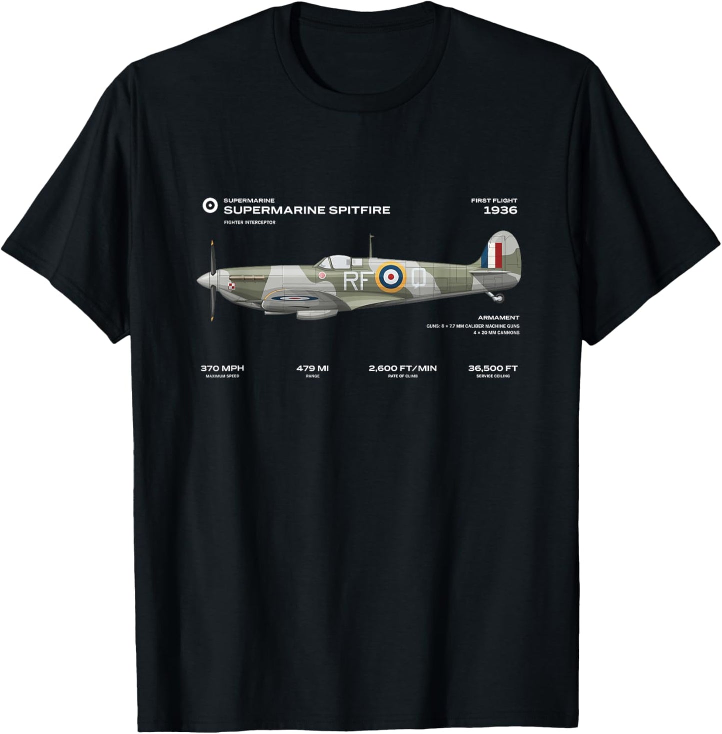 Supermarine Spitfire WWII Aeroplane British RAF T-Shirt - T-Shirt | Black